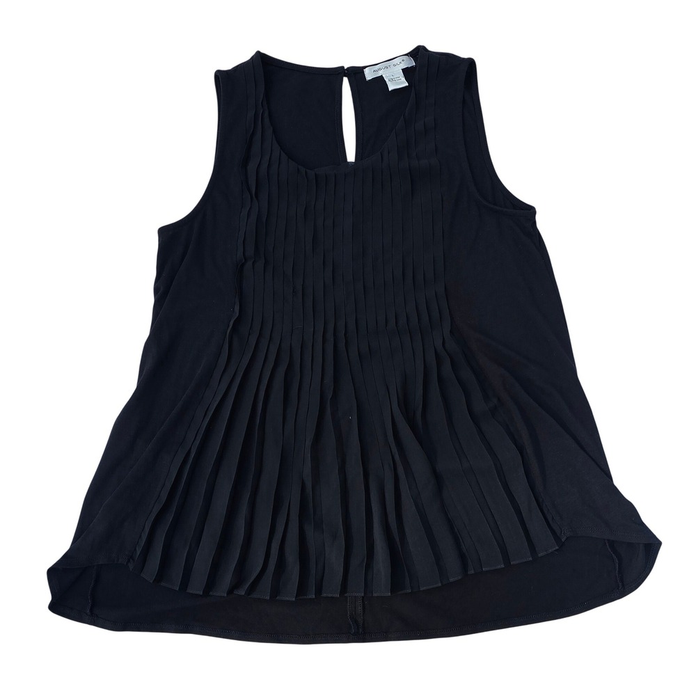 August Silk Pleated Tank‎ Top Sleeveless Keyhole Casual Blouse Black L